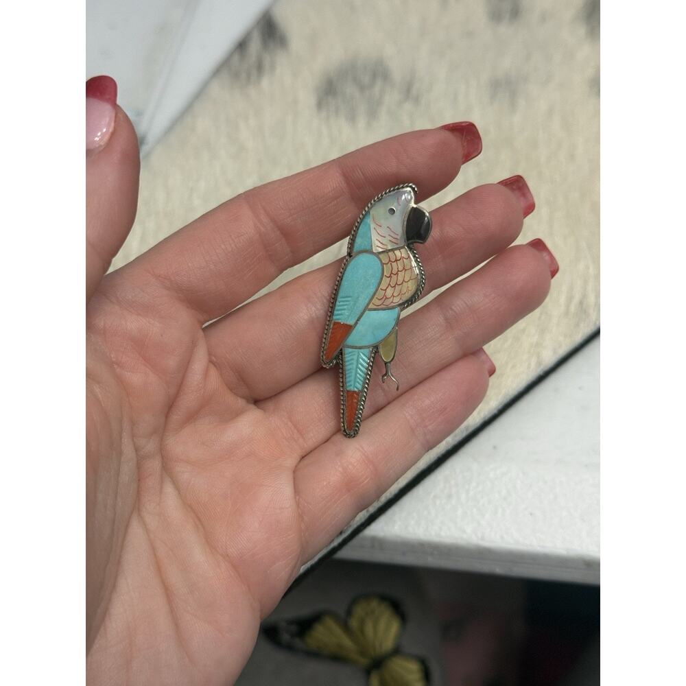 Zuni 2” Leland Peketewa Sterling Silver Inlay Turquoise Coral MOP Parrot Pendant - Picture 13 of 13